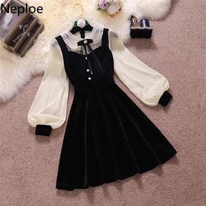 Casual Kleider Neploe Vintage Samt Schwarz Kleid Stehen Hals Laterne Hülse Party Robe Hohe Taille Schlank Vestidos Koreanische Elegante Frauen 221007