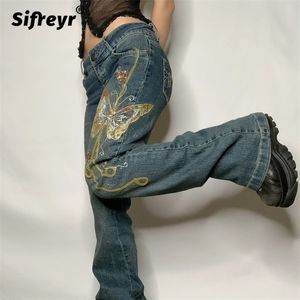 Dżinsowe dżinsy Sifreyr Butterfly workowane nadruk Kobiety jesienne spodnie dżinsowe do niskiej talii dżins