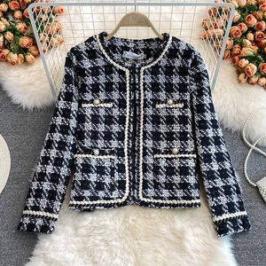 Women's Jackets Fashion Long Sleeve Frayed Trims Outerwear Chic Plaid Jacket Tweed Woolen Overcoat Women Tops Vintage Houndstooth Tweed Coat T221008