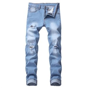 Мужские джинсы светло -голубые джинсы скинни мужчины растягивают стройные посадки, разорванные огорченные джинсовые брюки.