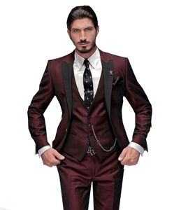 Мужские костюмы Blazers Sut Slim Fit 3 штуки Бургундский смокинг -смокинг нежный мужчина свадьба наемка лацката для жениха Терно брюки жилет 221008