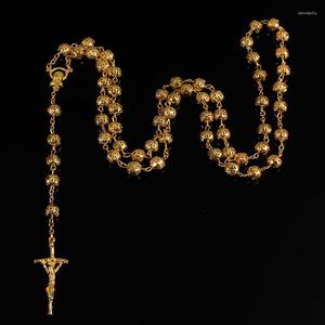 Colares pendentes de 8 mm de colar de rosário de ouro amarelo. Estrela Maria Cruz Cross Jesus Christ Chain Presente Jóias por atacado
