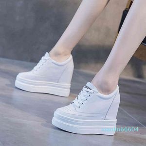 Height Increasing Shoes Women Genuine Leather 11cm Hidden Wedge Sneakers Platform High Heels Woman Casual White Trainers