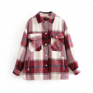 Frauen Wolle frauen Plaid Jacken Rot Blau Mäntel Übergroßen Lose Weibliche 2022 Oberbekleidung Revers Langarm Büro Jacke chic Tops