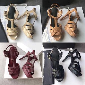 Klassiker Damen Heels Schuhe Sandalen Mode Leder Plattform Peep-Toes Sandalen Metall Leder T-Riemen Kleid Schuhe Hochzeitsschuhe 10 cm mit Box NO23