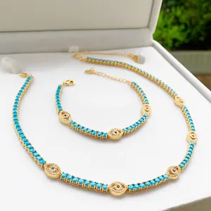 New Turkish Evil Eye Necklace Bracelet Set Paved Turquoises Stone with Gold Color Plated Women Wedding Jewelry Wholesale