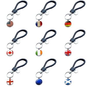 Keychains Vintage USA UK Flag For Men Metal Glass France Germany Italy Canada National PU Leather Keyring Key Chain Jewelry