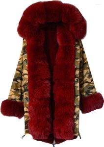 Pelliccia femminile polsini lussuosi mimeti di camouflage vino rosso rivestito da donna cappotto invernale