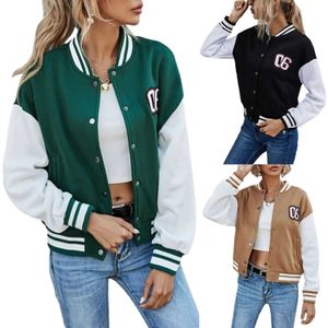 Women's Jackets Number Patched Color Block Bomber Jacket Girls Long Sleeve Autumn Lady Matching Stand Collar Baseball Tops Single-breasted Coat T221008