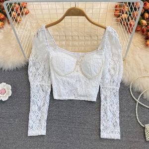 Blusas femininas outono coreano gancho quadrado colarinho top women full bufk manga unhel bead laca camisa menina frança curta