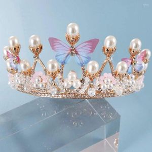 Haarspangen Goldfarbene Diademe und Kronen Schmetterlingsperlen Kristall Handgefertigte Kinderkrone Pografie Party für Kinder Frauen Prinzessin Diademe