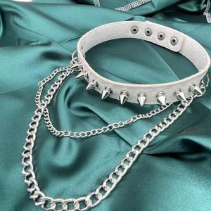 Choker Zimno PunkEgirl Gothic Rivet Spike Leather Collar Double Leaer Stainless Steelチェーンネックレス女性男性ゴスジュエリー