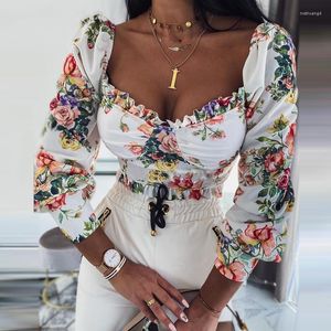 Kadın bluzları seksi mahsul üst zarif uzun puflu kol kare boyun dantel fırfırlı süs çiçek baskısı gömlek ince fit camisas de mujer