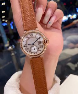 Brand Classic Multi-Function Roman Number Watches Women Zircon Quartz Wristwatch Female Brown Leather Strap Stopwatch White Pearl Dial 36mm
