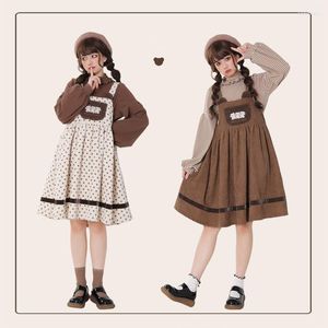 Abiti casual QWEEK Kawaii Lolita Dress Donna Vintage Sweet Cute Bear Ricamo Cinghia di velluto a coste Carro armato JSK Vita alta 2022 Moda