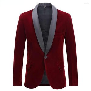 Мужские костюмы вино красное бархатное смокинг -пиджак куртка мужская шаль Шаул воротник одна пуговица блейзер