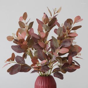 Dekorativa blommor Autumn Color Eucalyptus Nästan naturligt falska blad Bouquet Faux växter för heminredning Party Wedding Garden Festival