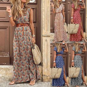 Women's T Shirts 2022 Summer Boho Long Dress Women Casual Paisley Print Belt Maxi Elegant V Neck Short Sleeve Women's Beach Fishion