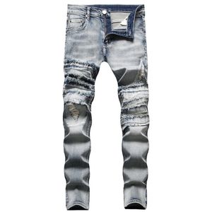 Jeans masculinos Autumn Winter Wash High Street Slim Jeans Men Cut Patchwork Dob Burrs Ripped Jeans Mens Trend Blue Hole Denim Pants 221008