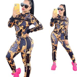 Print Jacket and Bottoms Two Piece Pants Women Fashion Zipper Hoodie and Trouser Outfits Free Ship