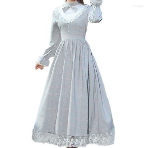 Casual Dresses Maxi Country Dress Gingham Elegant Cotton Plaid Spets Women Folk Vintage Hög midja Långärmare Swing Sweet For Girls