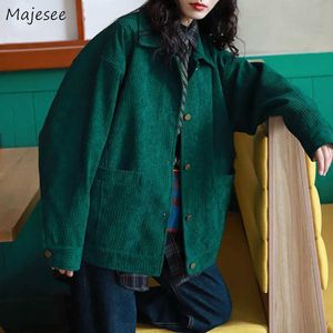 Kvinnorjackor Basic Jackets Kvinnor Solid Green Corduroy Turn-Down Collar Vintage Korean Style Elegant Bright Trendy Loose Slim Casual Ladies T221008