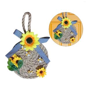 Decorative Flowers Bee Sunflower Wreath Ornament Spring Door Hangings Round Wall Window Welcome Sign Artificial Flower