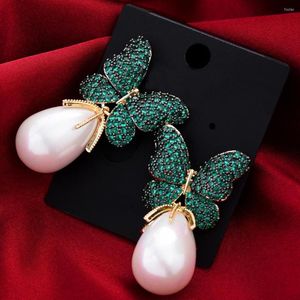 Kolczyki Dangle Godki luksus motyl dla kobiet kłopot ślubny perłowy sześcien cyrkonia cz brazylijska biżuteria brazylijska akcesoria