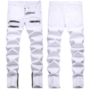 Jeans masculinos Fashion Streetwear Mens branco Jeans de jeans Men Zipper decoração Slim Feet Biker calça jeans de gordura 221008