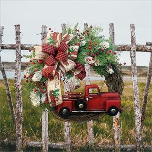 Decorative Flowers Christmas Wreath Handmade Artificial Vine Hanging Ornaments Red Truck Floral Foliage Garland Year Xmas Tree Decorations