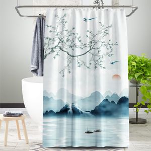 Shower Curtains Chinese ink landscape style shower curtain scenic pattern Waterproof Fabric bath curtain washable Bathroom accessory Multi Size 221008