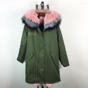 Giacca invernale verde militare in pelliccia da donna con parka lungo da donna con polsino colorato rosa