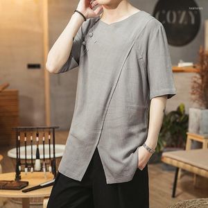 Ropa étnica Men de verano Camisa de lino Estilo chino Retro Tops de cuello en V planta