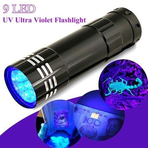 Neuheit Gegenstände 9LED MINI ALUMINUM UV Ultra Violett 9 LED Taschenlampe Blacklight Taschenlampe 50pcs