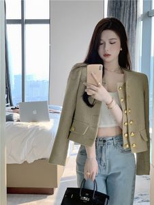 Women's o-neck double breasted jacket long sleeve gold yellow color fashion high waist short coat SML