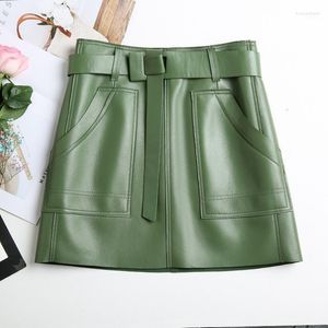 Kjolar äkta läder kjol kvinnor äkta fårskinn naturliga får dam hög midja mini korta gröna svarta fickor bälte avslappnad fast