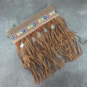 Kosmetiktaschen Mode Frauen Faux Wildleder Fransen Kordelzug Boho Handtasche Kaffee Farbe Vintage Quaste Umhängetasche Schulter