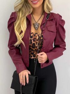 Women's Jackets Solid Pocket Button Pleated OL Coat Tops Women Full Sleeve PU Turn Down Collar Slim Leather Jacket T221008