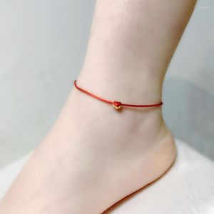 Anklets XF800 REAL 24K GOLD ANKLET 999 HEART PENDANT調整可能な女性用の赤いロープファインジュエリーギフトJ573