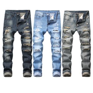 Herr jeans slimfit denim byxor m￤ns byxor nostalgiska trasiga m￤rke rippade jeans mode rak m￤n hip hop tiggare manliga h￥l ljusbl￥ 221008
