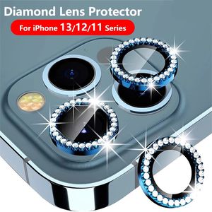 Protetores de tela de lente para iPhone 15 14 13 12 11 Pro Max Diamond Camera Case Brilhante Capa de vidro temperado protetora