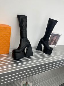 Designerskie buty tablicowe koronkowe platforma kostki nylonowe czarne skórzane skórzane but z wysokim obcasem 16 cm z pudełkiem