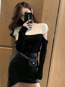 Women's o-neck off shoulder sweater top black white color block knitwear shirt SMLXL