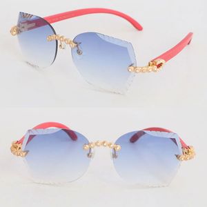 Randlose rote Holzsonnenbrille mit Moissanit-Diamantbesatz für Damen, Holzsonnenbrille für Herren 8200762, Herren- und Damenrahmen, Luxus-Sonnenbrille mit Diamantschliff 3,0, Größe 60