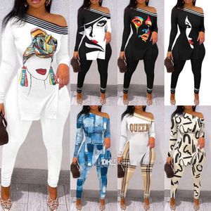 Outono inverno feminino agasalhos carta impressa calças de duas peças conjuntos de correspondência roupas personalizar split t camisa leggings terno