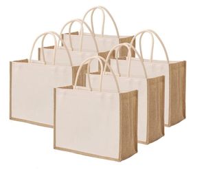 Canvas Jute Tote Bag with Cotton Handles Reusable Grocery Shopping Bags Beach Bag for Holiday