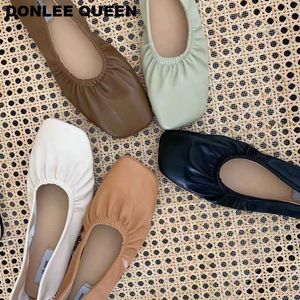 Klänning Skor 2020 Nya våren Flats Skor Dam Fyrkantig tå Plisserad Grund Balett Platt Casual Loafers Mjuk Ballerina Kvinnlig Sko zapatos mujer T221010