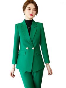 Calças de duas peças femininas Green Pink Blue Women Business Work Use Pant Suit Affice Ladies Solid Formal Blazer e Trouser feminino Manga longa