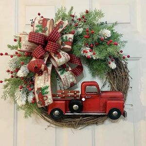装飾花12インチのクリスマスリースレッドトラック人工滝の玄関農家のチェリーリボンハンギングパーティー