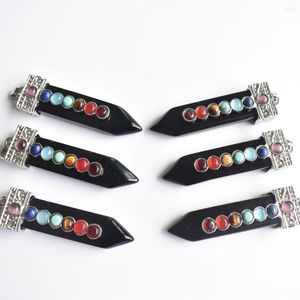 Pendanthalsband 2022 Fashion Natural 7 Chakra Black Obsidian Crystal Point Pendulum Healing för smycken som gör 6 st/parti grossist